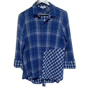 Habitat Blouse Womens XS Blue Plaid Button Up Relaxed Minimalist Coastal Top